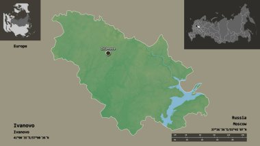 Ivanovo 'nun şekli, Rusya bölgesi ve başkenti. Uzaklık ölçeği, ön gösterimler ve etiketler. Topografik yardım haritası. 3B görüntüleme