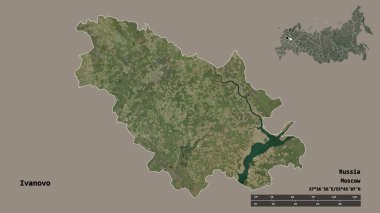 Başkenti sağlam bir zemine sahip olan, Rusya 'nın İvanovo bölgesinin şekli. Uzaklık ölçeği, bölge önizlemesi ve etiketleri. Uydu görüntüleri. 3B görüntüleme