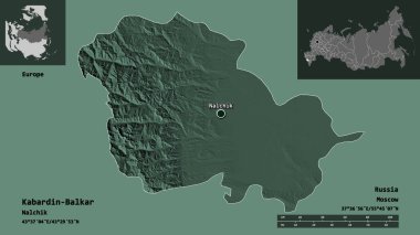 Kabardin-Balkar 'ın şekli, Rusya Cumhuriyeti ve başkenti. Uzaklık ölçeği, ön gösterimler ve etiketler. Renkli yükseklik haritası. 3B görüntüleme