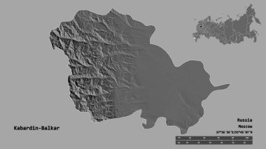 Rusya Cumhuriyeti Kabardin-Balkar 'ın şekli, başkenti sağlam bir zemin üzerinde izole edilmiş. Uzaklık ölçeği, bölge önizlemesi ve etiketleri. Çift seviyeli yükseklik haritası. 3B görüntüleme