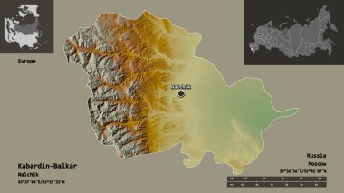 Kabardin-Balkar 'ın şekli, Rusya Cumhuriyeti ve başkenti. Uzaklık ölçeği, ön gösterimler ve etiketler. Topografik yardım haritası. 3B görüntüleme