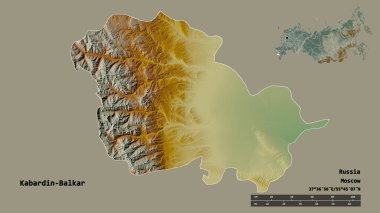 Rusya Cumhuriyeti Kabardin-Balkar 'ın şekli, başkenti sağlam bir zemin üzerinde izole edilmiş. Uzaklık ölçeği, bölge önizlemesi ve etiketleri. Topografik yardım haritası. 3B görüntüleme