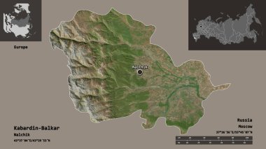 Kabardin-Balkar 'ın şekli, Rusya Cumhuriyeti ve başkenti. Uzaklık ölçeği, ön gösterimler ve etiketler. Uydu görüntüleri. 3B görüntüleme