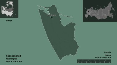 Kalininingrad 'ın şekli, Rusya bölgesi ve başkenti. Uzaklık ölçeği, ön gösterimler ve etiketler. Renkli yükseklik haritası. 3B görüntüleme