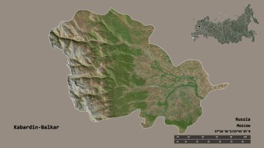 Rusya Cumhuriyeti Kabardin-Balkar 'ın şekli, başkenti sağlam bir zemin üzerinde izole edilmiş. Uzaklık ölçeği, bölge önizlemesi ve etiketleri. Uydu görüntüleri. 3B görüntüleme