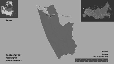 Kalininingrad 'ın şekli, Rusya bölgesi ve başkenti. Uzaklık ölçeği, ön gösterimler ve etiketler. Çift seviyeli yükseklik haritası. 3B görüntüleme