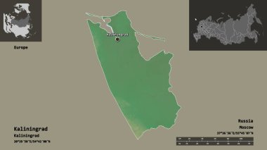 Kalininingrad 'ın şekli, Rusya bölgesi ve başkenti. Uzaklık ölçeği, ön gösterimler ve etiketler. Topografik yardım haritası. 3B görüntüleme
