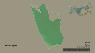 Kalininingrad 'ın şekli, Rusya bölgesi, başkenti sağlam bir zemin üzerinde izole edilmiş. Uzaklık ölçeği, bölge önizlemesi ve etiketleri. Topografik yardım haritası. 3B görüntüleme
