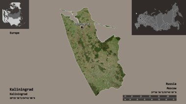 Kalininingrad 'ın şekli, Rusya bölgesi ve başkenti. Uzaklık ölçeği, ön gösterimler ve etiketler. Uydu görüntüleri. 3B görüntüleme