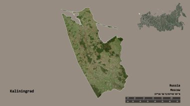 Kalininingrad 'ın şekli, Rusya bölgesi, başkenti sağlam bir zemin üzerinde izole edilmiş. Uzaklık ölçeği, bölge önizlemesi ve etiketleri. Uydu görüntüleri. 3B görüntüleme