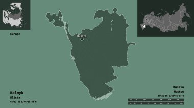 Kalmyk 'in şekli, Rusya Cumhuriyeti ve başkenti. Uzaklık ölçeği, ön gösterimler ve etiketler. Renkli yükseklik haritası. 3B görüntüleme
