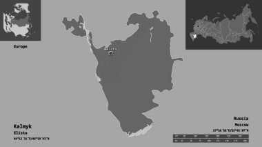 Kalmyk 'in şekli, Rusya Cumhuriyeti ve başkenti. Uzaklık ölçeği, ön gösterimler ve etiketler. Çift seviyeli yükseklik haritası. 3B görüntüleme