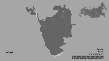 Rusya Cumhuriyeti 'nin Kalmyk şekli, başkenti sağlam bir zemin üzerinde izole edilmiş. Uzaklık ölçeği, bölge önizlemesi ve etiketleri. Çift seviyeli yükseklik haritası. 3B görüntüleme