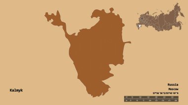 Rusya Cumhuriyeti 'nin Kalmyk şekli, başkenti sağlam bir zemin üzerinde izole edilmiş. Uzaklık ölçeği, bölge önizlemesi ve etiketleri. Düzenli desenli dokuların bileşimi. 3B görüntüleme