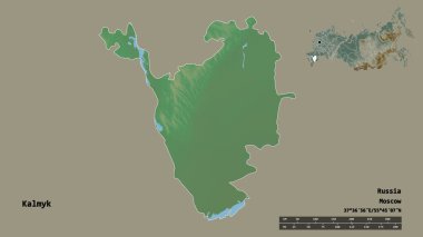 Rusya Cumhuriyeti 'nin Kalmyk şekli, başkenti sağlam bir zemin üzerinde izole edilmiş. Uzaklık ölçeği, bölge önizlemesi ve etiketleri. Topografik yardım haritası. 3B görüntüleme