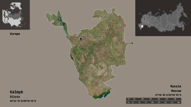 Kalmyk 'in şekli, Rusya Cumhuriyeti ve başkenti. Uzaklık ölçeği, ön gösterimler ve etiketler. Uydu görüntüleri. 3B görüntüleme