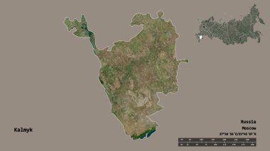 Rusya Cumhuriyeti 'nin Kalmyk şekli, başkenti sağlam bir zemin üzerinde izole edilmiş. Uzaklık ölçeği, bölge önizlemesi ve etiketleri. Uydu görüntüleri. 3B görüntüleme