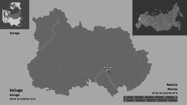 Kaluga 'nın şekli, Rusya bölgesi ve başkenti. Uzaklık ölçeği, ön gösterimler ve etiketler. Çift seviyeli yükseklik haritası. 3B görüntüleme
