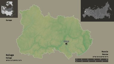 Kaluga 'nın şekli, Rusya bölgesi ve başkenti. Uzaklık ölçeği, ön gösterimler ve etiketler. Topografik yardım haritası. 3B görüntüleme