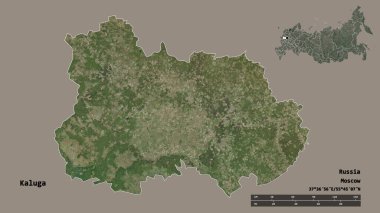 Rusya 'nın Kaluga bölgesi, başkenti sağlam bir zemin üzerinde izole edilmiş. Uzaklık ölçeği, bölge önizlemesi ve etiketleri. Uydu görüntüleri. 3B görüntüleme