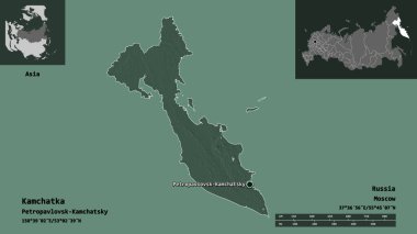 Kamçatka 'nın şekli, Rusya toprakları ve başkenti. Uzaklık ölçeği, ön gösterimler ve etiketler. Renkli yükseklik haritası. 3B görüntüleme