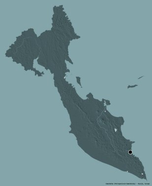 Rusya toprakları olan Kamçatka 'nın şekli, başkenti katı bir renk arkaplanı ile izole edilmiştir. Renkli yükseklik haritası. 3B görüntüleme