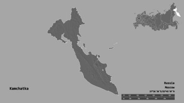 Rusya toprağı Kamçatka 'nın şekli, başkenti sağlam bir zemin üzerinde izole edilmiş. Uzaklık ölçeği, bölge önizlemesi ve etiketleri. Çift seviyeli yükseklik haritası. 3B görüntüleme
