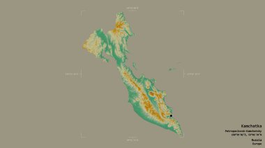 Kamçatka bölgesi, Rusya toprakları, jeoreferatlı bir sınır kutusunda sağlam bir arka planda izole edilmiş. Etiketler. Topografik yardım haritası. 3B görüntüleme