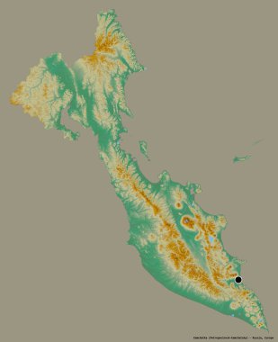 Rusya toprakları olan Kamçatka 'nın şekli, başkenti katı bir renk arkaplanı ile izole edilmiştir. Topografik yardım haritası. 3B görüntüleme