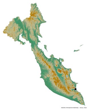 Kamçatka 'nın şekli, Rusya toprakları, başkenti beyaz arka planda izole edilmiş. Topografik yardım haritası. 3B görüntüleme
