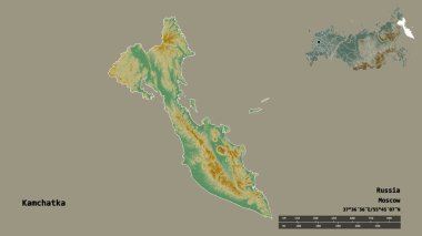 Rusya toprağı Kamçatka 'nın şekli, başkenti sağlam bir zemin üzerinde izole edilmiş. Uzaklık ölçeği, bölge önizlemesi ve etiketleri. Topografik yardım haritası. 3B görüntüleme