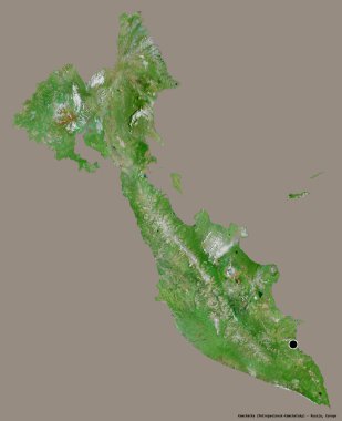 Rusya toprakları olan Kamçatka 'nın şekli, başkenti katı bir renk arkaplanı ile izole edilmiştir. Uydu görüntüleri. 3B görüntüleme