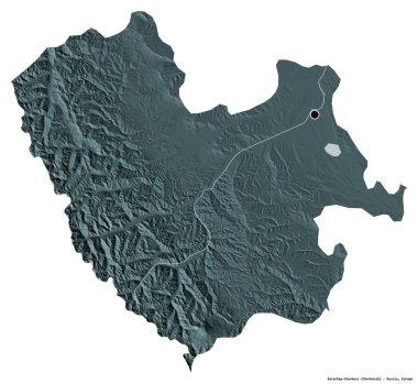 Rusya Cumhuriyeti 'nin başkenti beyaz arka planda izole edilmiş Karachay-Cthe' nin şekli. Renkli yükseklik haritası. 3B görüntüleme