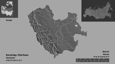 Rusya Cumhuriyeti ve başkenti Karachay-Céess 'in sureti. Uzaklık ölçeği, ön gösterimler ve etiketler. Çift seviyeli yükseklik haritası. 3B görüntüleme