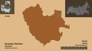 Rusya Cumhuriyeti ve başkenti Karachay-Céess 'in sureti. Uzaklık ölçeği, ön gösterimler ve etiketler. Düzenli desenli dokuların bileşimi. 3B görüntüleme