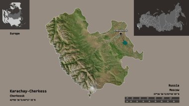 Rusya Cumhuriyeti ve başkenti Karachay-Céess 'in sureti. Uzaklık ölçeği, ön gösterimler ve etiketler. Uydu görüntüleri. 3B görüntüleme