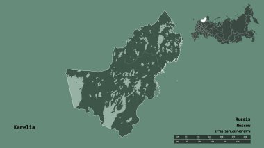 Rusya Cumhuriyeti 'nin başkenti Karelia' nın katı bir zemin üzerinde izole edilmiş hali. Uzaklık ölçeği, bölge önizlemesi ve etiketleri. Renkli yükseklik haritası. 3B görüntüleme