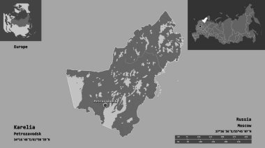 Karelia 'nın şekli, Rusya Cumhuriyeti ve başkenti. Uzaklık ölçeği, ön gösterimler ve etiketler. Çift seviyeli yükseklik haritası. 3B görüntüleme