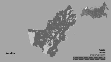 Rusya Cumhuriyeti 'nin başkenti Karelia' nın katı bir zemin üzerinde izole edilmiş hali. Uzaklık ölçeği, bölge önizlemesi ve etiketleri. Çift seviyeli yükseklik haritası. 3B görüntüleme