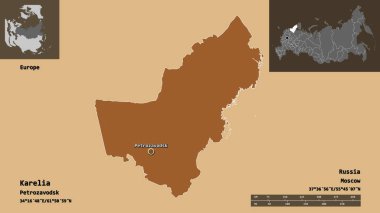 Karelia 'nın şekli, Rusya Cumhuriyeti ve başkenti. Uzaklık ölçeği, ön gösterimler ve etiketler. Düzenli desenli dokuların bileşimi. 3B görüntüleme