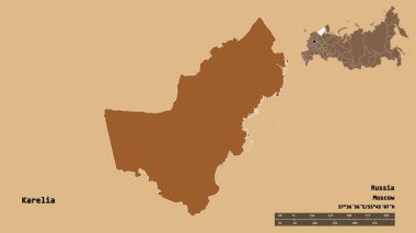 Rusya Cumhuriyeti 'nin başkenti Karelia' nın katı bir zemin üzerinde izole edilmiş hali. Uzaklık ölçeği, bölge önizlemesi ve etiketleri. Düzenli desenli dokuların bileşimi. 3B görüntüleme