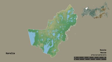 Rusya Cumhuriyeti 'nin başkenti Karelia' nın katı bir zemin üzerinde izole edilmiş hali. Uzaklık ölçeği, bölge önizlemesi ve etiketleri. Topografik yardım haritası. 3B görüntüleme