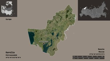 Karelia 'nın şekli, Rusya Cumhuriyeti ve başkenti. Uzaklık ölçeği, ön gösterimler ve etiketler. Uydu görüntüleri. 3B görüntüleme