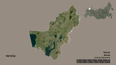 Rusya Cumhuriyeti 'nin başkenti Karelia' nın katı bir zemin üzerinde izole edilmiş hali. Uzaklık ölçeği, bölge önizlemesi ve etiketleri. Uydu görüntüleri. 3B görüntüleme