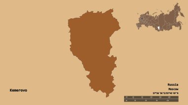 Rusya 'nın başkenti Kemerovo' nun katı arka planda izole edilmiş hali. Uzaklık ölçeği, bölge önizlemesi ve etiketleri. Düzenli desenli dokuların bileşimi. 3B görüntüleme