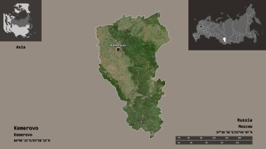 Kemerovo 'nun şekli, Rusya bölgesi ve başkenti. Uzaklık ölçeği, ön gösterimler ve etiketler. Uydu görüntüleri. 3B görüntüleme