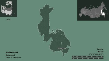 Khabarovsk 'un şekli, Rusya toprakları ve başkenti. Uzaklık ölçeği, ön gösterimler ve etiketler. Renkli yükseklik haritası. 3B görüntüleme