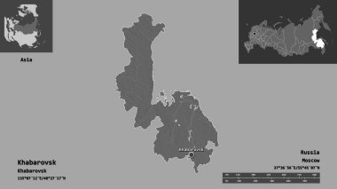 Khabarovsk 'un şekli, Rusya toprakları ve başkenti. Uzaklık ölçeği, ön gösterimler ve etiketler. Çift seviyeli yükseklik haritası. 3B görüntüleme