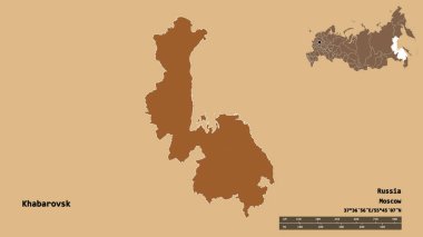 Khabarovsk 'un şekli, Rusya toprağı, başkenti sağlam bir zemin üzerinde izole edilmiş. Uzaklık ölçeği, bölge önizlemesi ve etiketleri. Düzenli desenli dokuların bileşimi. 3B görüntüleme