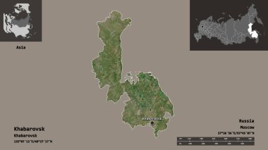 Khabarovsk 'un şekli, Rusya toprakları ve başkenti. Uzaklık ölçeği, ön gösterimler ve etiketler. Uydu görüntüleri. 3B görüntüleme